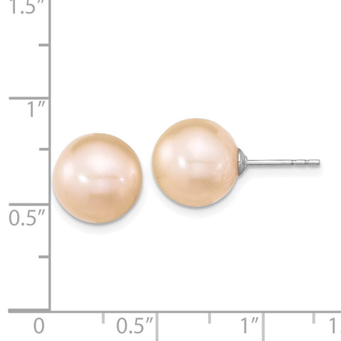 Sterling Silver Rhodium-plated 10-11mm Pink Round FWC Pearl Post Earrings-WBC-QE16326