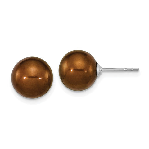 Sterling Silver Rhodium-plated 9-10mm Brown Round FWC Pearl Post Earrings-WBC-QE16329