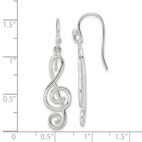 Sterling Silver Polished Treble Clef Dangle Shepherd Hook Earrings-WBC-QE16567