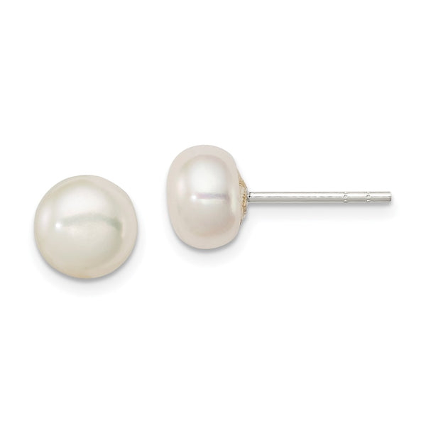 Sterling Silver White FW Cultured Pearl 7-8mm Button Earrings-WBC-QE2038