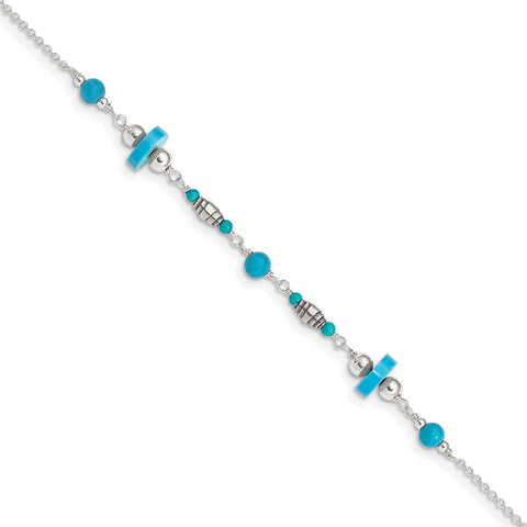 Sterling Silver Antiqued Turquoise Beaded Anklet-WBC-QG1393-9