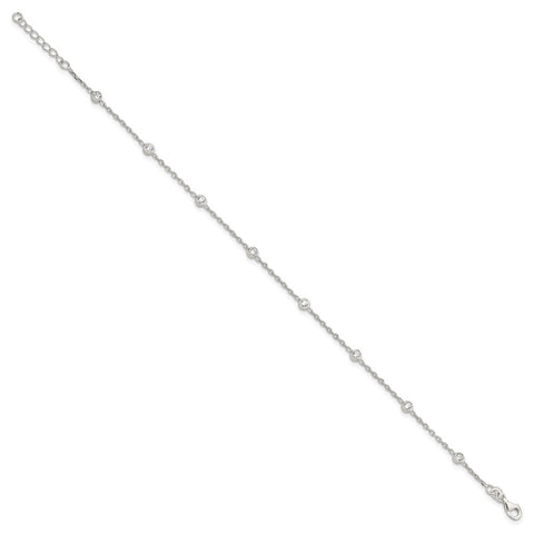 Sterling Silver Polished w/CZ 9 inch Plus1 inch Ext. Anklet-WBC-QG4197-9