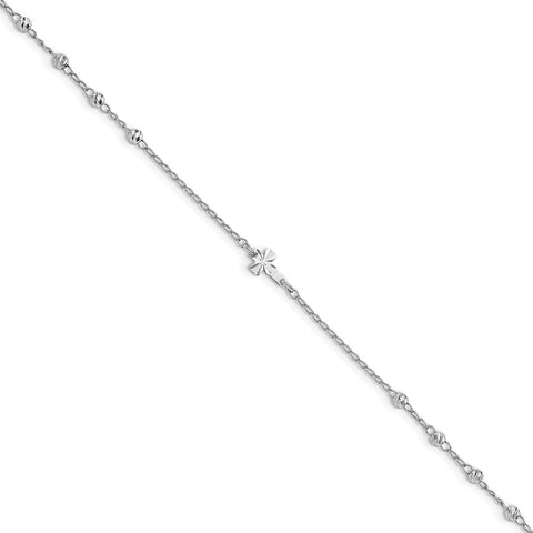 Sterling Silver Rhodium-plated D/C Beads 9in Plus 1in Ext. Cross Anklet-WBC-QG4212-9