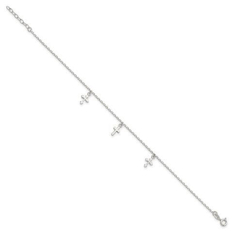 Sterling Silver Polished Cross Dangle 9in Plus 1in Ext Anklet-WBC-QG4214-9