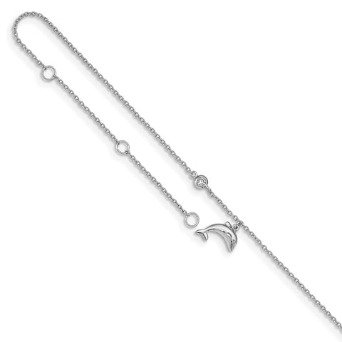 Sterling Silver Rhodium-plated CZ Dolphin 9in Plus 2in Ext Anklet-WBC-QG4743-9