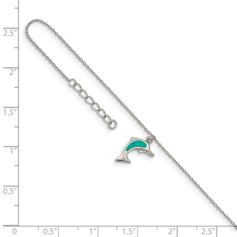 Sterling Silver RH-plated Created Opal Dolphin 9in Plus 1in Ext. Anklet-WBC-QG4749-9