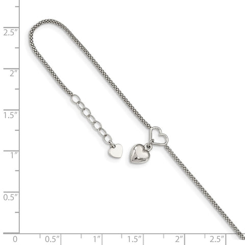 Sterling Silver Cabled Heart Dangle Charm 9in Plus 1in Ext Anklet-WBC-QG4794-9
