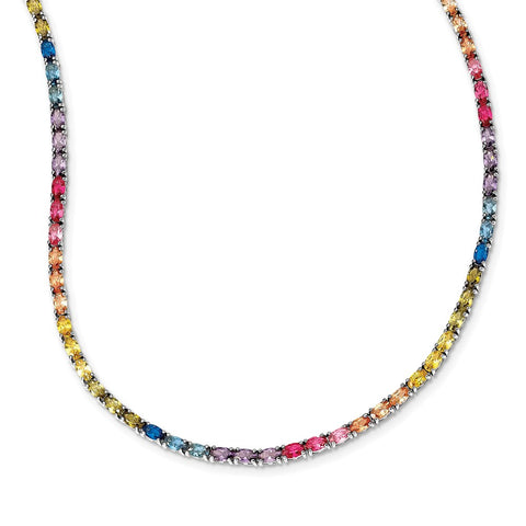 Sterling Silver Rhodium-plated Oval Colorful CZ Necklace-WBC-QG5660-18