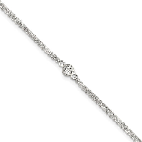 Sterling Silver Bezel CZ 2-Strand 9in Plus 1 in Ext. Anklet-WBC-QG5766-9