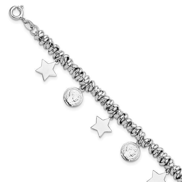 Sterling Silver Rhodium-plated Polished Coin and Star Charm w/ 1in ext. Bra-WBC-QG5889-6.5