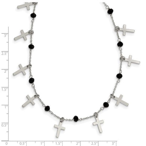 Sterling Silver Rhodium-plated Black Crystal Cross w/ 1.25in ext. Necklace-WBC-QG6050-15