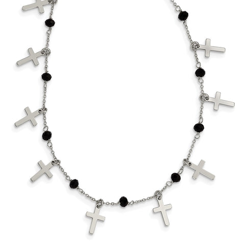 Sterling Silver Rhodium-plated Black Crystal Cross w/ 1.25in ext. Necklace-WBC-QG6050-15