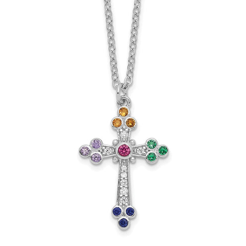 Sterling Silver Rhodium-plated Polished Multi-color CZ Cross Necklace-WBC-QG6066-18
