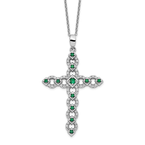 Sterling Silver Rhodium-plated CZ & Green Nano Crystal Cross Necklace-WBC-QG6069-18