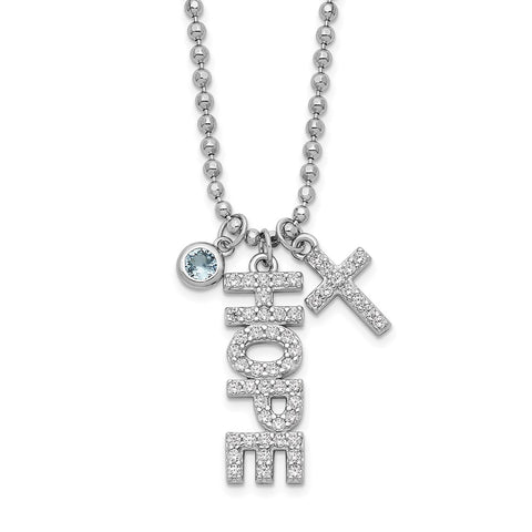 Sterling Silver Rhodium-plated CZ and Cross D/C Bead Chain Necklace-WBC-QG6072-18