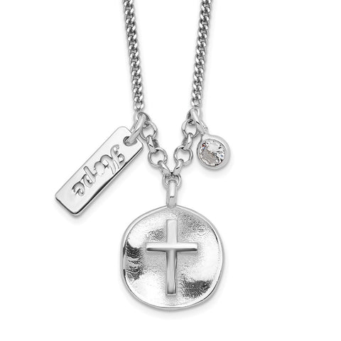 Sterling Silver Rhodium-plated Satin Cross/Hope/CZ w/1.5in Ext Necklace-WBC-QG6207-16