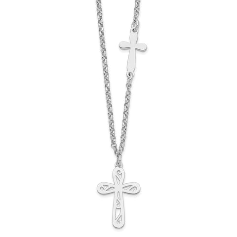 Sterling Silver Rhodium-plated 2-Cross w/1 in Ext Necklace-WBC-QG6214-16