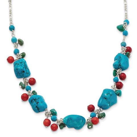 Sterling Silver Dyed Howlite/Turquoise/Red Coral Necklace-WBC-QH2313-16