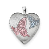 Sterling Silver RH-plated 20mm Enamel Butterflies Heart Locket Necklace-WBC-QLS230-18