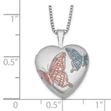 Sterling Silver RH-plated 16mm Enamel Butterfly Heart Locket Necklace-WBC-QLS256-18