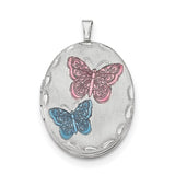 Sterling Silver RH-plated 26mm Enameled Butterfly Oval Locket Necklace-WBC-QLS262-18