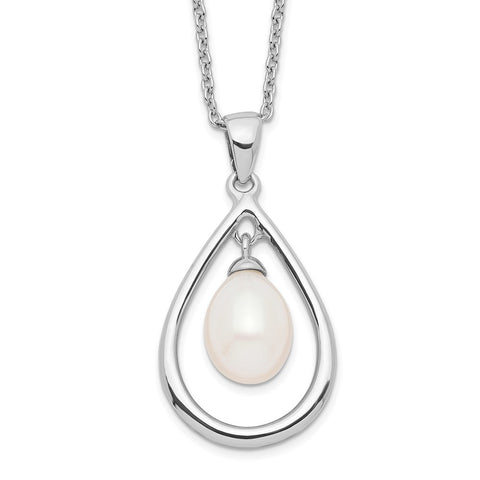 Sterling Silver Rh-plated 7-8mm White FWC Pearl Pendant Necklace-WBC-QP4628