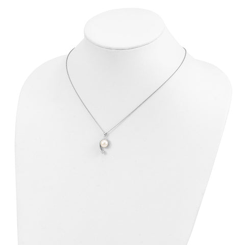 Sterling Silver Rh-plated 8-9mm White FWC Pearl CZ Pendant Necklace-WBC-QP4629