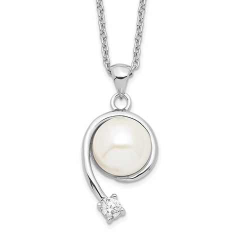 Sterling Silver Rh-plated 8-9mm White FWC Pearl CZ Pendant Necklace-WBC-QP4629