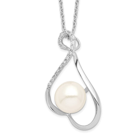 Sterling Silver Rhodium 9-10mm White FWC Pearl CZ  Necklace-WBC-QP4634