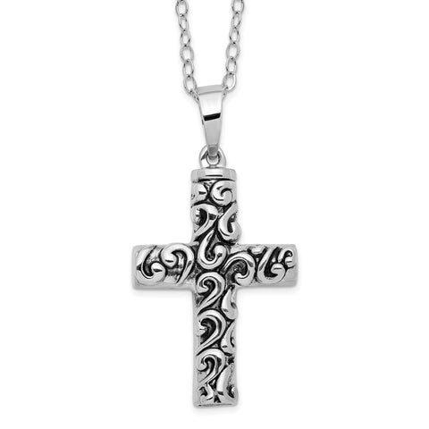 Sterling Silver Antiqued Cross Remembrance Ash Holder 18in Necklace-WBC-QSX177