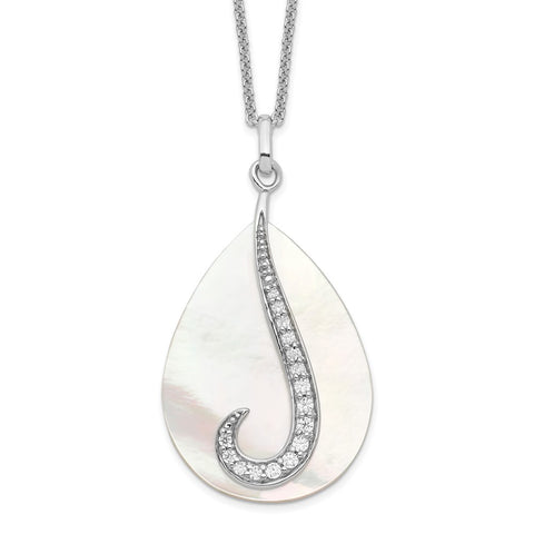 Sterling Silver Mother of Pearl & CZ Tear From Heaven 18in Necklace-WBC-QSX407