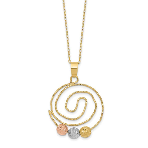 14k Tri-color D/C Beads on Spiral Pendant Necklace-WBC-SF2441-18