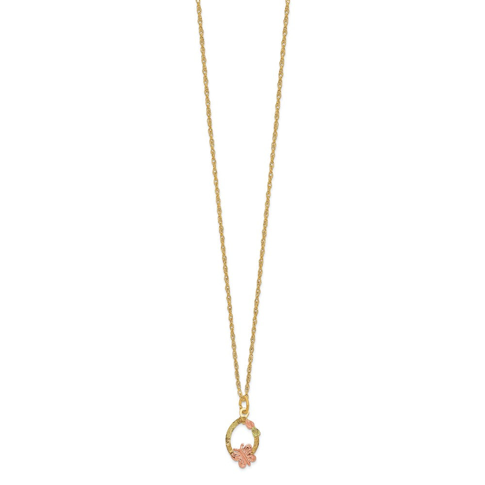 and Tri-color Black Hills Butterfly and Leaves on Oval -filled Chain Necklace - WBC