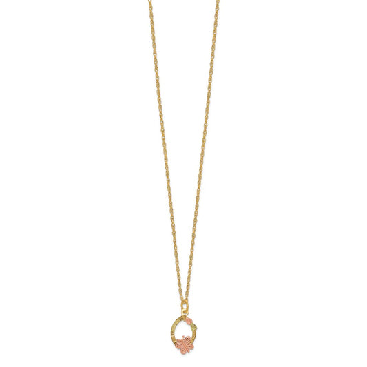 and Tri-color Black Hills Butterfly and Leaves on Oval -filled Chain Necklace - WBC