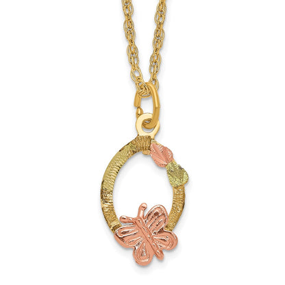 and Tri-color Black Hills Butterfly and Leaves on Oval -filled Chain Necklace - WBC