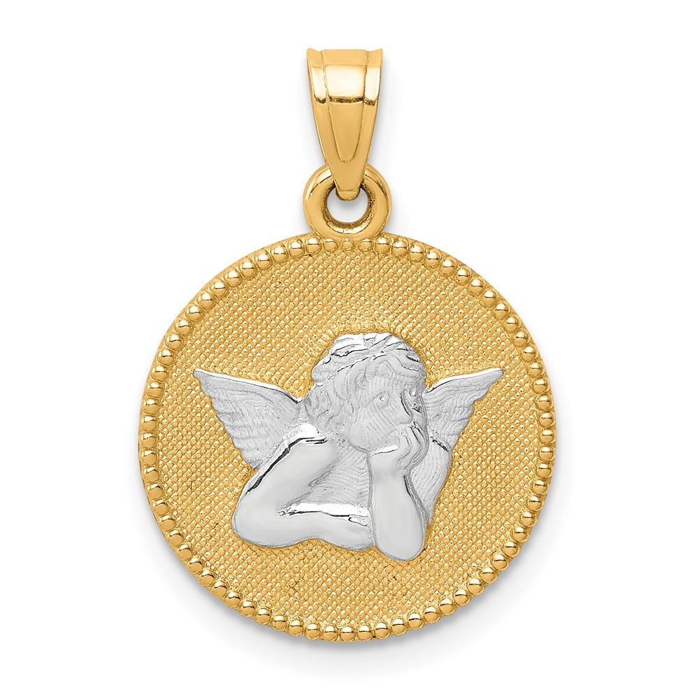 and Rhodium Polished and Textured Round Angel Pendant - WBC
