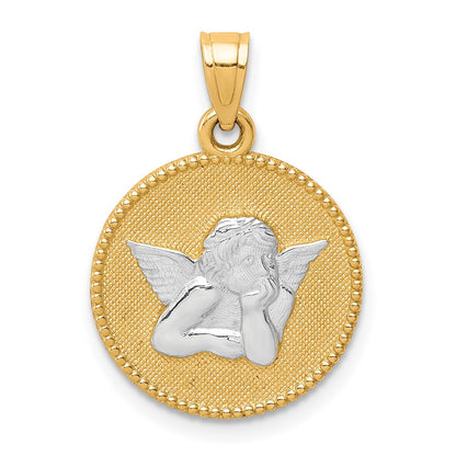 and Rhodium Polished and Textured Round Angel Pendant - WBC