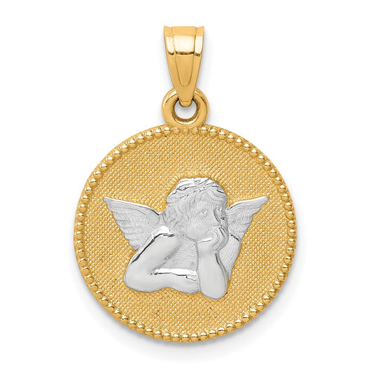 and Rhodium Polished and Textured Round Angel Pendant - WBC