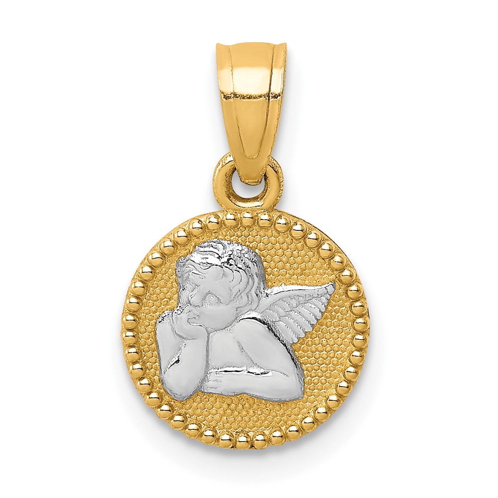 and Rhodium Small Polished and Textured Round Angel Pendant - WBC