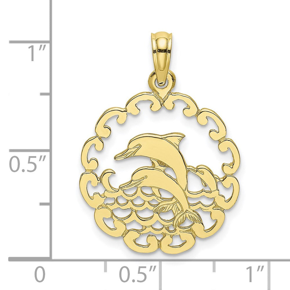 Cut-out Jumping Dolphins in Scalloped Circle Pendant - WBC