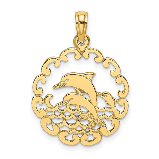 Cut-out Jumping Dolphins in Scalloped Circle Pendant - WBC