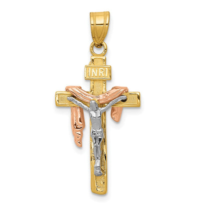 Tri-color Diamond-cut Small Draped INRI Crucifix Pendant - WBC