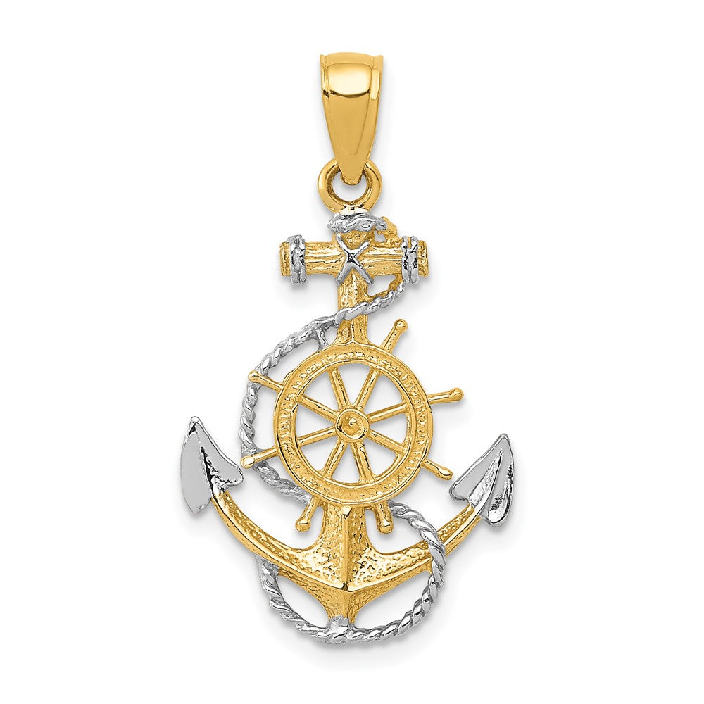 and Rhodium Anchor with Ships Wheel and Rope Pendant - WBC