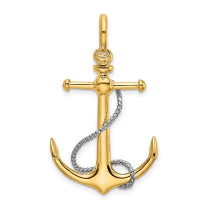 Two-tone Large 3-D Anchor with Long T-Bar and Rope with Shackle Bail Pendant - WBC