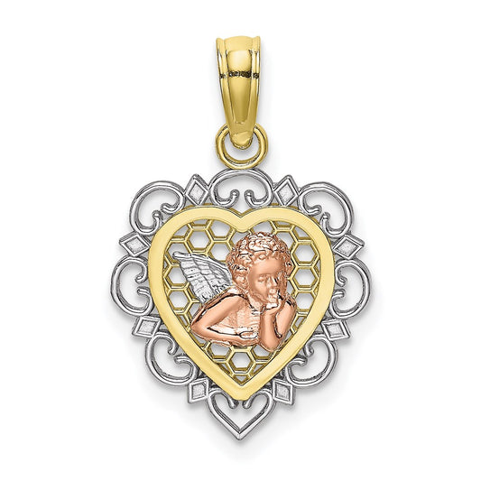 Two-tone and Rhodium Small Angel In Scalloped Heart Charm - WBC