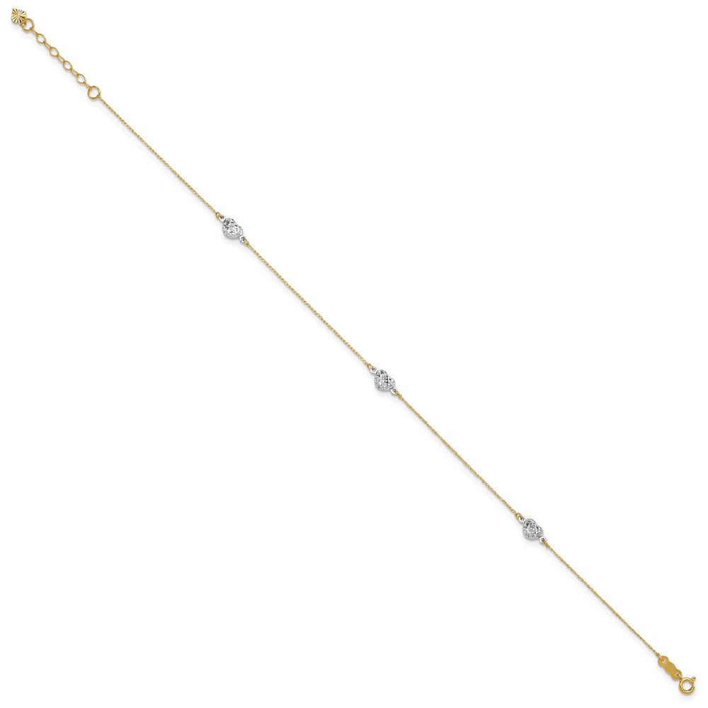 Two-tone Diamond-cut Triple Puffed Hearts Plus Extender - Total Anklet - WBC
