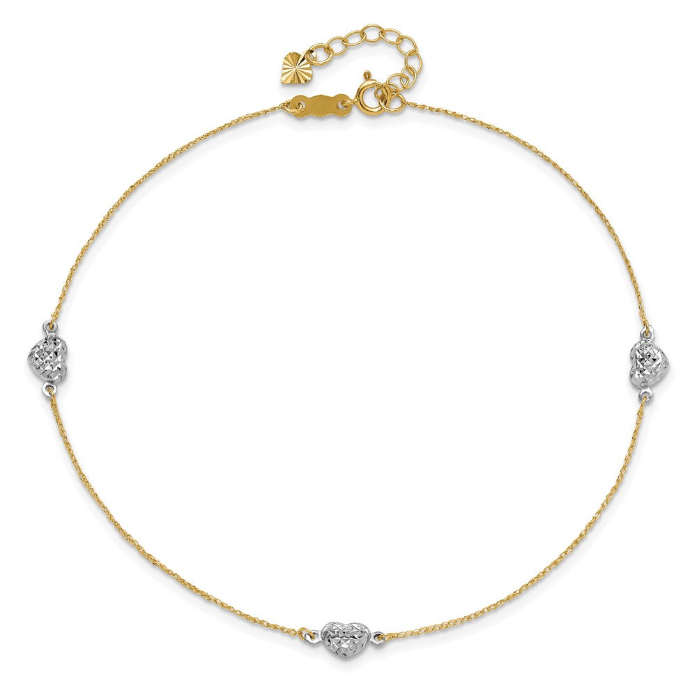 Two-tone Diamond-cut Triple Puffed Hearts Plus Extender - Total Anklet - WBC