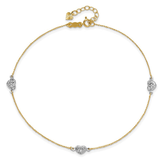 14K Two-Tone Gold Amara Diamond-cut Triple Puffed Hearts Anklet, 0.75mm