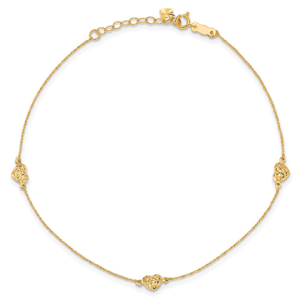 Polished Diamond-cut Triple Puffed Hearts Plus Extender - Total Anklet - WBC