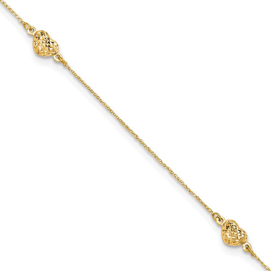 Polished Diamond-cut Triple Puffed Hearts Plus Extender - Total Anklet - WBC